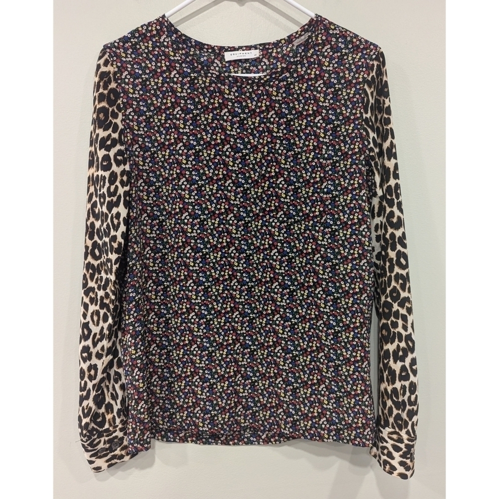 Equipment 100% Silk Mixed Print Floral Leopard Long Sleeve Blouse Size XS
